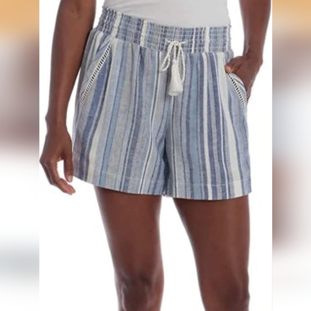 Briggs Women's Linen Blend Pull-On Shorts (Small, Blue Stripe)